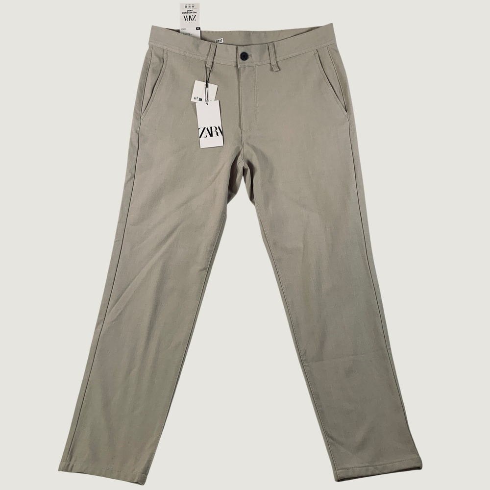 NWT Zara The Melange Pant Men's US 32 Beige Slim Stretch Chino Trousers
